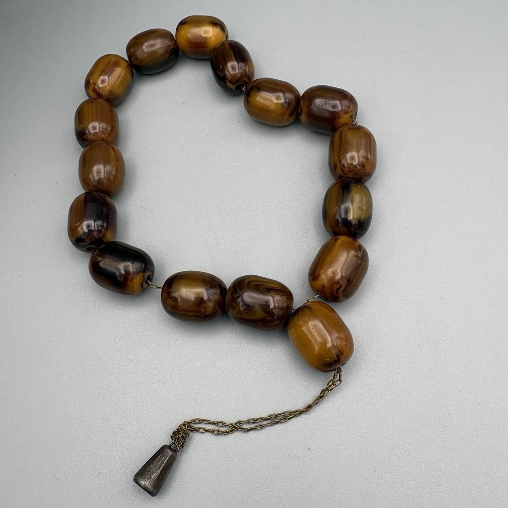 Vintage Bakelite Tesbih Worry Prayer Beads Metal Chain 16 Count Tassel Rosary